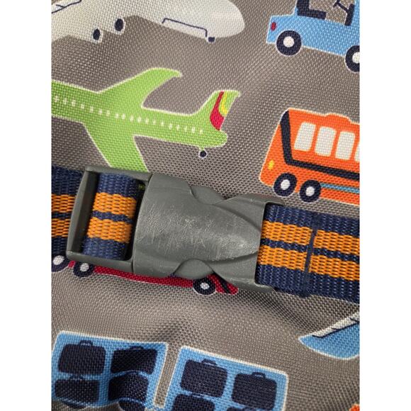 Pottery Barn Kids Mackenzie transportation print backpack Navy Gray Planes Truck - Picture 2 of 7